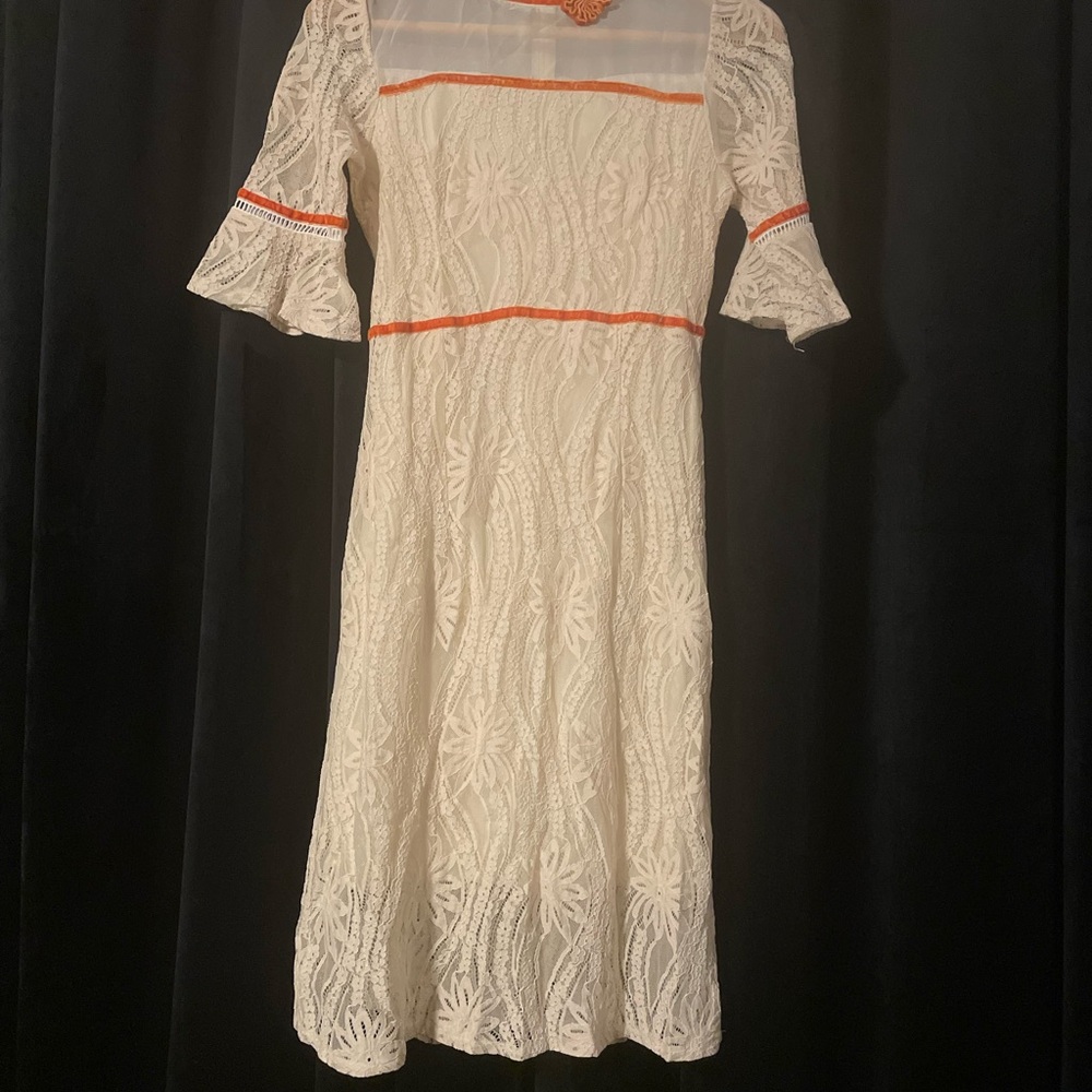 Vintage Cream Lace Dress with Orange Accents